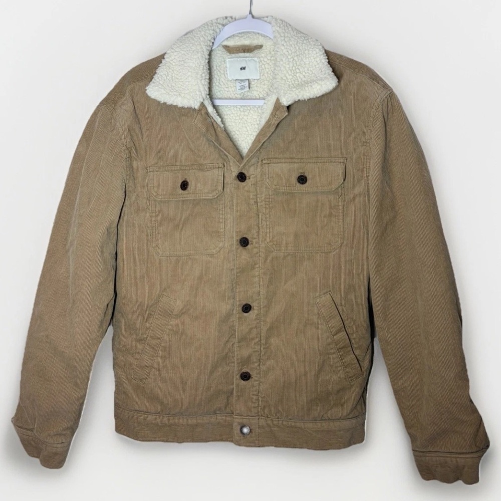 Mens H&M Corduroy Sherpa Jacket Beige Cozy Outdoors Mountains S Trucker Tan